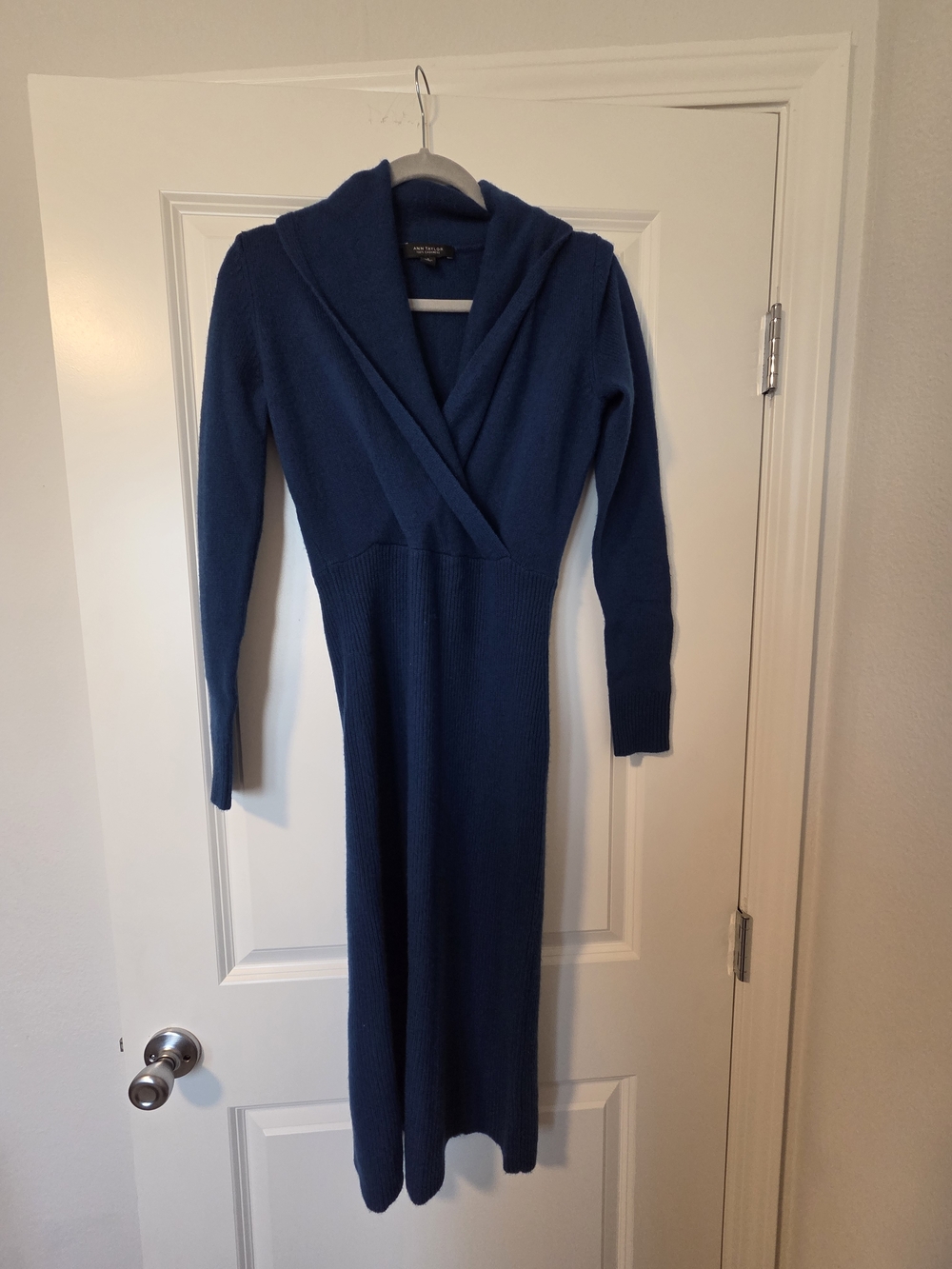 Ann Taylor Cashmere Navy Wrap-Style Midi Sweater Dress